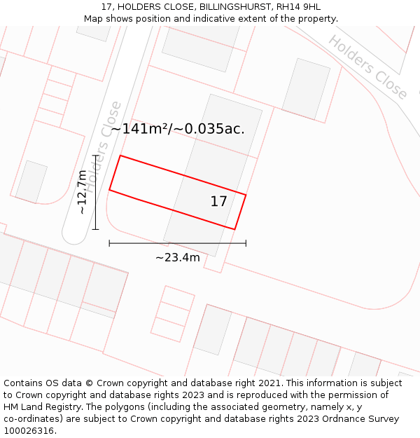 17, HOLDERS CLOSE, BILLINGSHURST, RH14 9HL: Plot and title map