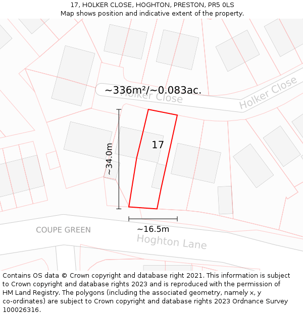 17, HOLKER CLOSE, HOGHTON, PRESTON, PR5 0LS: Plot and title map