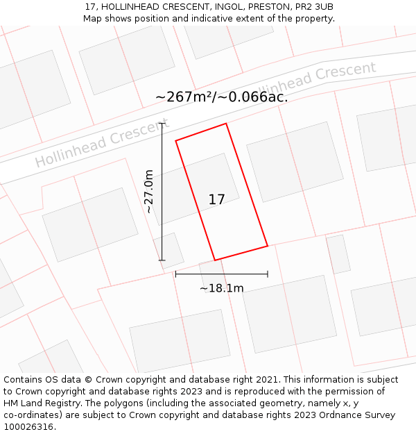 17, HOLLINHEAD CRESCENT, INGOL, PRESTON, PR2 3UB: Plot and title map