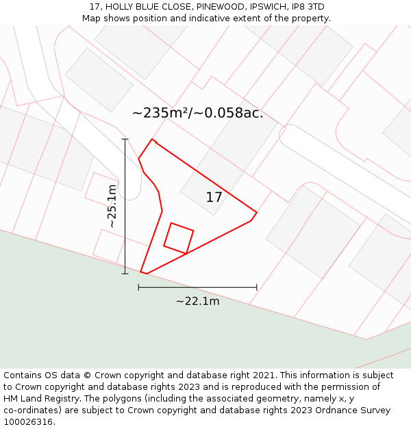 17, HOLLY BLUE CLOSE, PINEWOOD, IPSWICH, IP8 3TD: Plot and title map