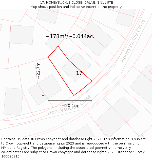 17, HONEYSUCKLE CLOSE, CALNE, SN11 9TE: Plot and title map