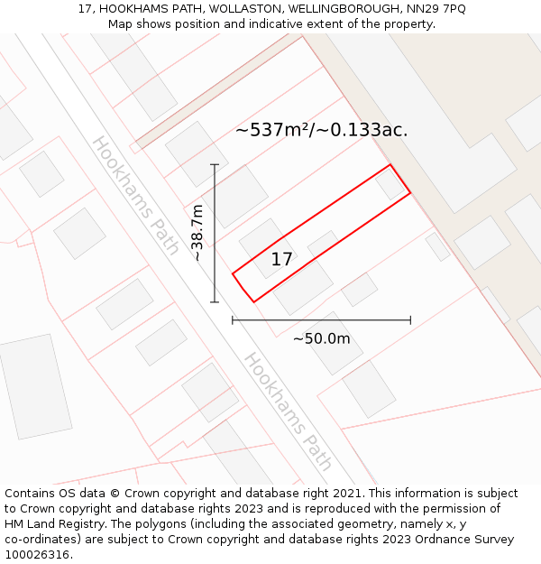 17, HOOKHAMS PATH, WOLLASTON, WELLINGBOROUGH, NN29 7PQ: Plot and title map