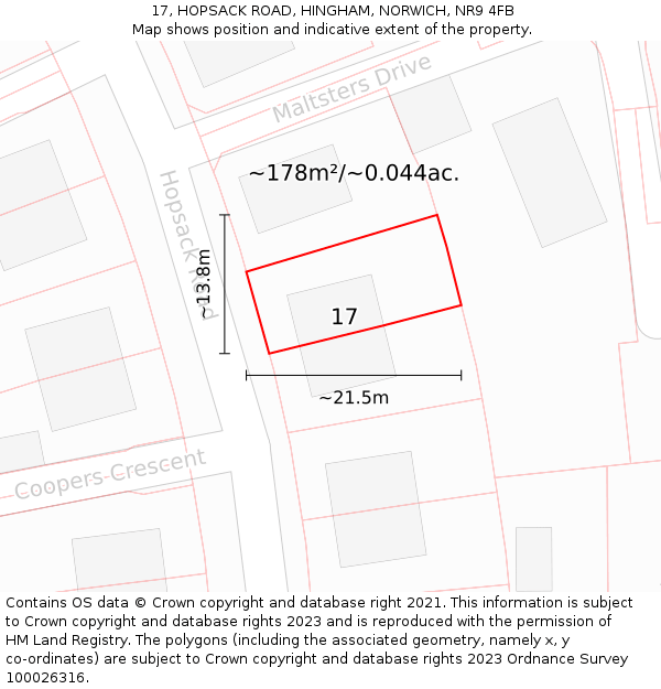 17, HOPSACK ROAD, HINGHAM, NORWICH, NR9 4FB: Plot and title map