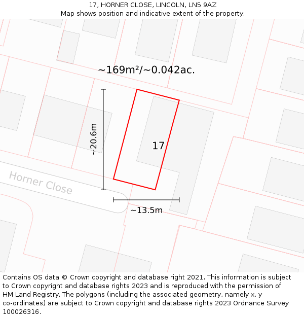 17, HORNER CLOSE, LINCOLN, LN5 9AZ: Plot and title map