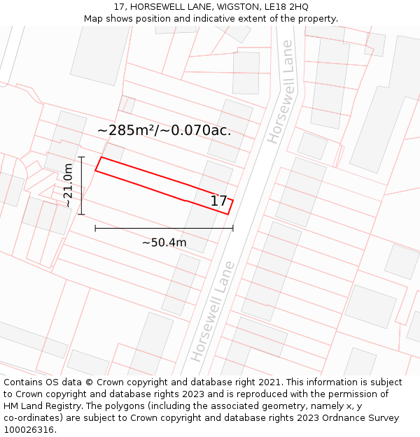 17, HORSEWELL LANE, WIGSTON, LE18 2HQ: Plot and title map