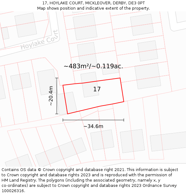 17, HOYLAKE COURT, MICKLEOVER, DERBY, DE3 0PT: Plot and title map
