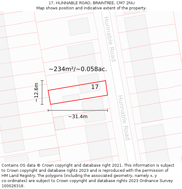17, HUNNABLE ROAD, BRAINTREE, CM7 2NU: Plot and title map
