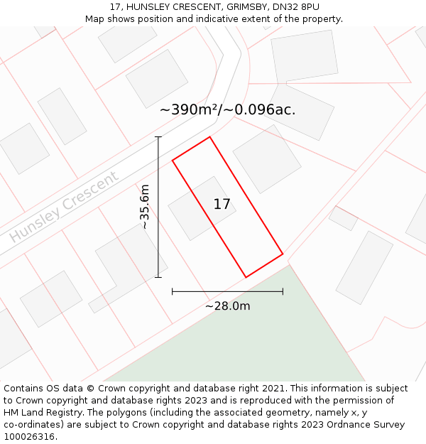 17, HUNSLEY CRESCENT, GRIMSBY, DN32 8PU: Plot and title map
