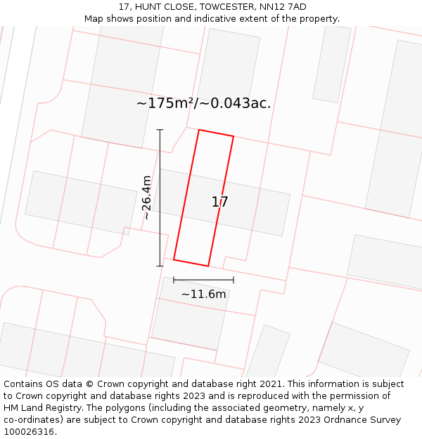 17, HUNT CLOSE, TOWCESTER, NN12 7AD: Plot and title map