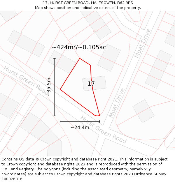 17, HURST GREEN ROAD, HALESOWEN, B62 9PS: Plot and title map