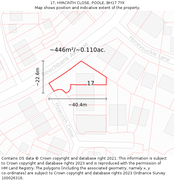 17, HYACINTH CLOSE, POOLE, BH17 7YX: Plot and title map