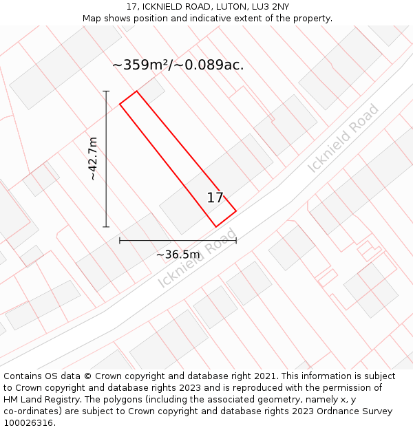 17, ICKNIELD ROAD, LUTON, LU3 2NY: Plot and title map