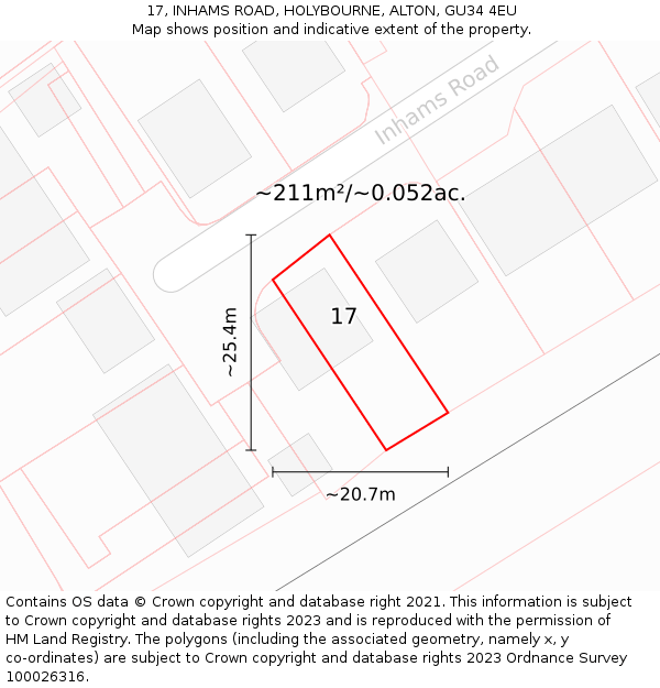 17, INHAMS ROAD, HOLYBOURNE, ALTON, GU34 4EU: Plot and title map
