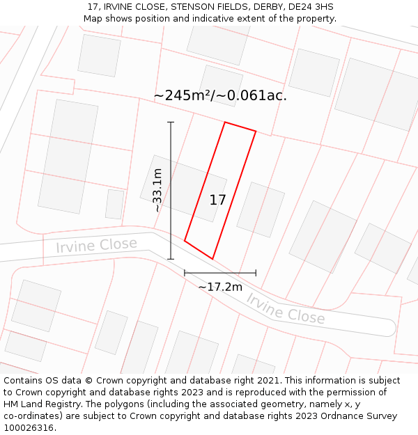 17, IRVINE CLOSE, STENSON FIELDS, DERBY, DE24 3HS: Plot and title map