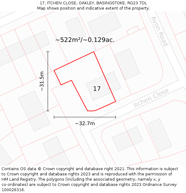 17, ITCHEN CLOSE, OAKLEY, BASINGSTOKE, RG23 7DL: Plot and title map