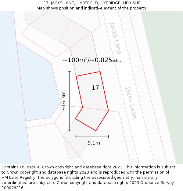 17, JACKS LANE, HAREFIELD, UXBRIDGE, UB9 6HE: Plot and title map