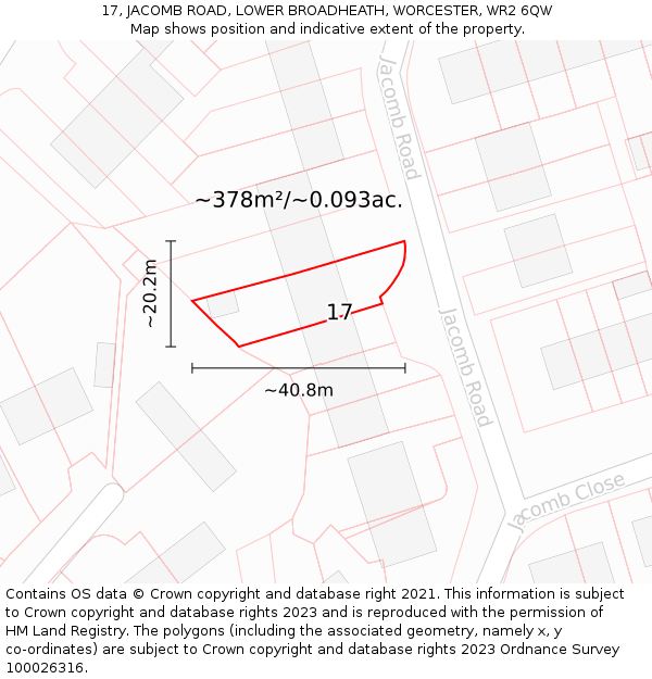 17, JACOMB ROAD, LOWER BROADHEATH, WORCESTER, WR2 6QW: Plot and title map
