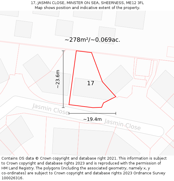 17, JASMIN CLOSE, MINSTER ON SEA, SHEERNESS, ME12 3FL: Plot and title map