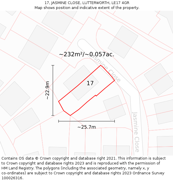 17, JASMINE CLOSE, LUTTERWORTH, LE17 4GR: Plot and title map