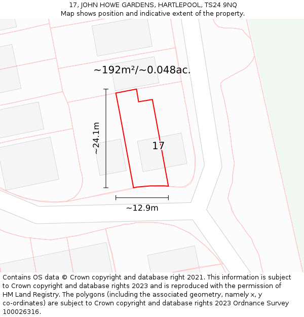 17, JOHN HOWE GARDENS, HARTLEPOOL, TS24 9NQ: Plot and title map