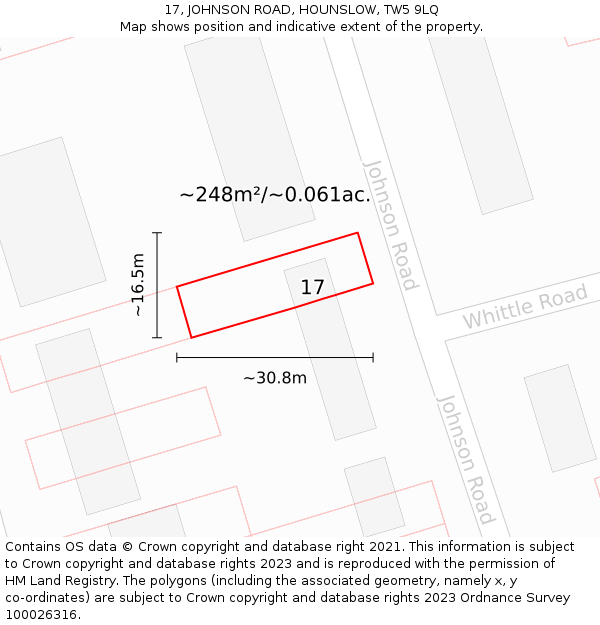 17, JOHNSON ROAD, HOUNSLOW, TW5 9LQ: Plot and title map