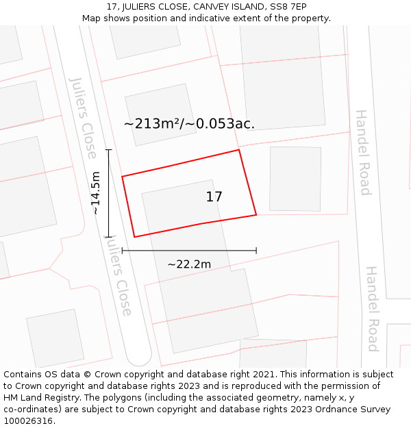 17, JULIERS CLOSE, CANVEY ISLAND, SS8 7EP: Plot and title map