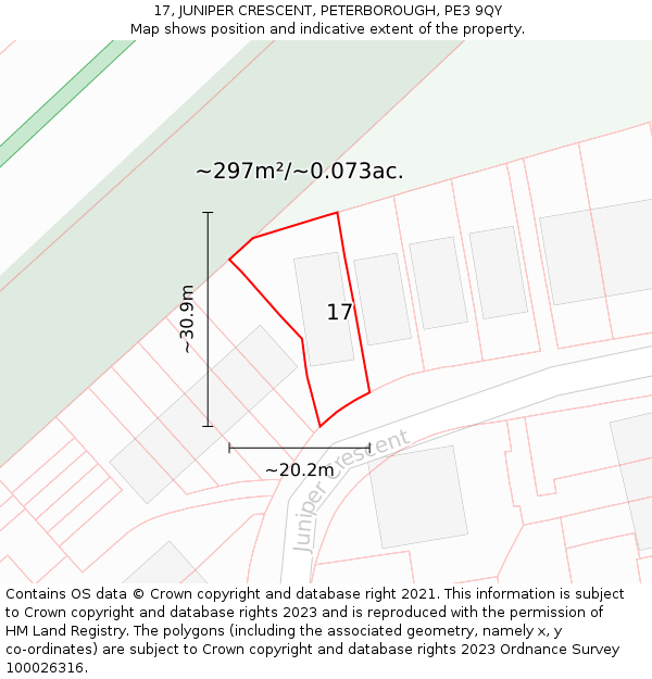 17, JUNIPER CRESCENT, PETERBOROUGH, PE3 9QY: Plot and title map