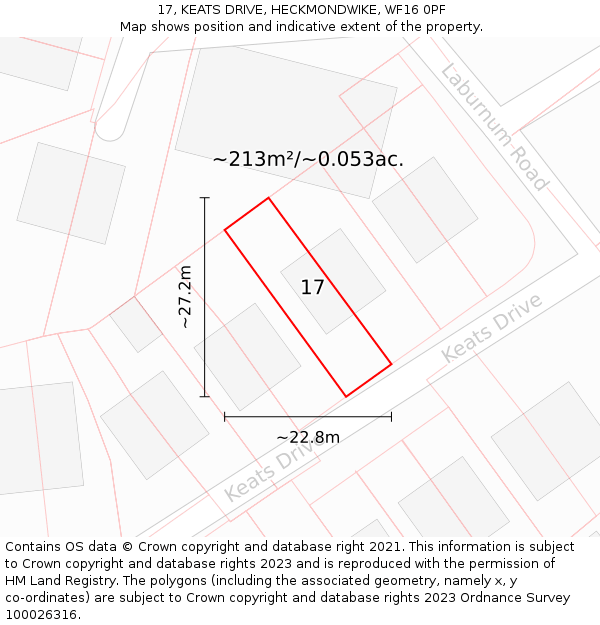 17, KEATS DRIVE, HECKMONDWIKE, WF16 0PF: Plot and title map