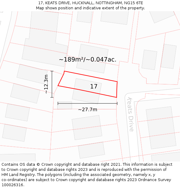 17, KEATS DRIVE, HUCKNALL, NOTTINGHAM, NG15 6TE: Plot and title map