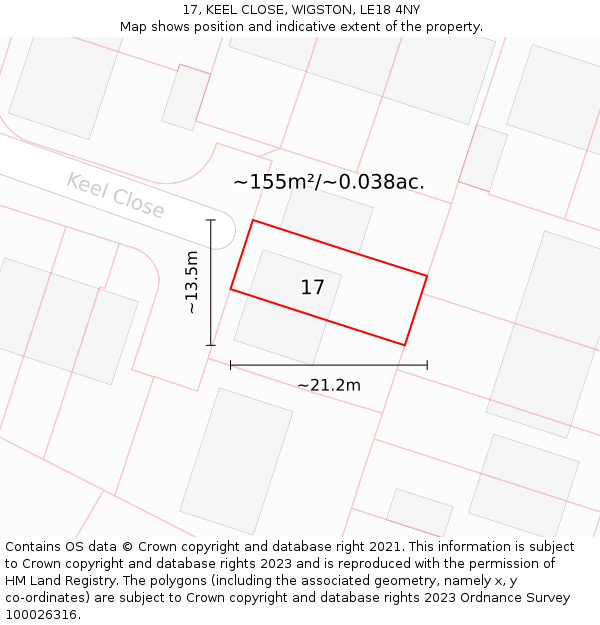 17, KEEL CLOSE, WIGSTON, LE18 4NY: Plot and title map