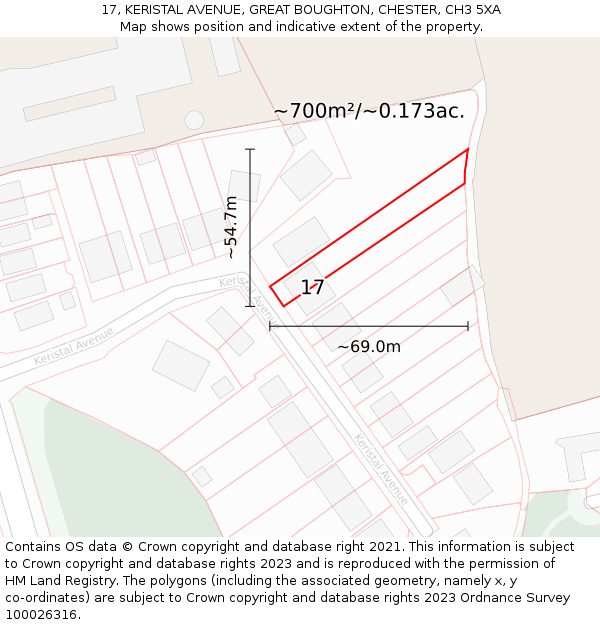 17, KERISTAL AVENUE, GREAT BOUGHTON, CHESTER, CH3 5XA: Plot and title map