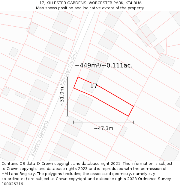 17, KILLESTER GARDENS, WORCESTER PARK, KT4 8UA: Plot and title map