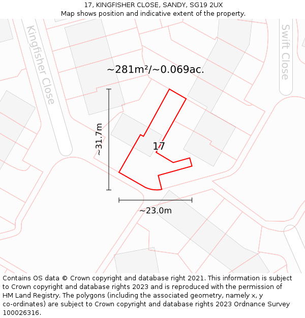17, KINGFISHER CLOSE, SANDY, SG19 2UX: Plot and title map