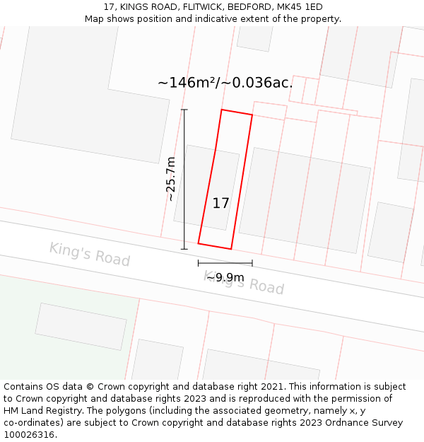 17, KINGS ROAD, FLITWICK, BEDFORD, MK45 1ED: Plot and title map