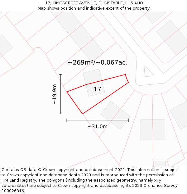 17, KINGSCROFT AVENUE, DUNSTABLE, LU5 4HQ: Plot and title map