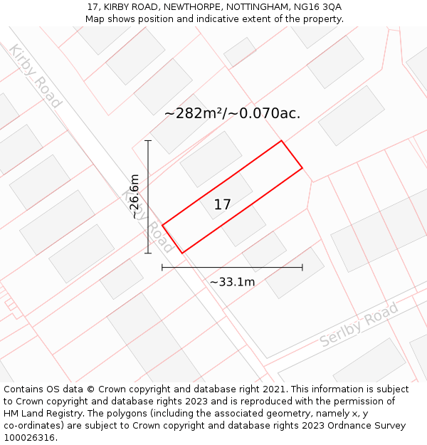 17, KIRBY ROAD, NEWTHORPE, NOTTINGHAM, NG16 3QA: Plot and title map