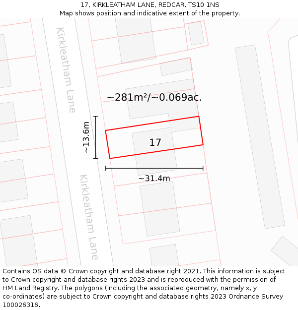 17, KIRKLEATHAM LANE, REDCAR, TS10 1NS: Plot and title map