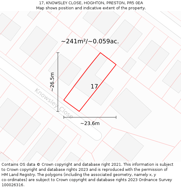 17, KNOWSLEY CLOSE, HOGHTON, PRESTON, PR5 0EA: Plot and title map