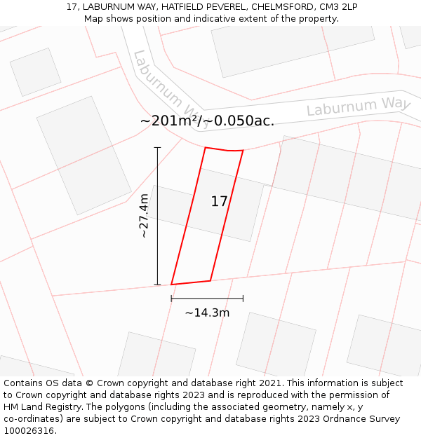 17, LABURNUM WAY, HATFIELD PEVEREL, CHELMSFORD, CM3 2LP: Plot and title map