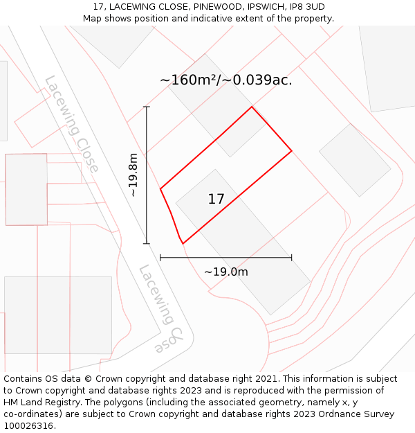 17, LACEWING CLOSE, PINEWOOD, IPSWICH, IP8 3UD: Plot and title map