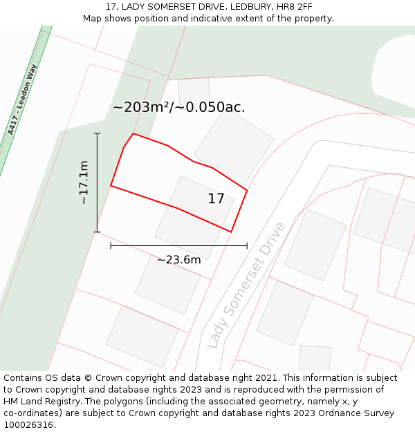 17, LADY SOMERSET DRIVE, LEDBURY, HR8 2FF: Plot and title map