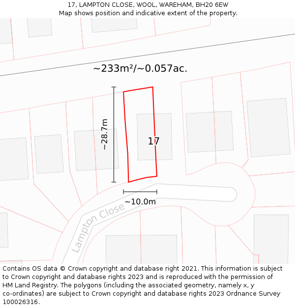 17, LAMPTON CLOSE, WOOL, WAREHAM, BH20 6EW: Plot and title map