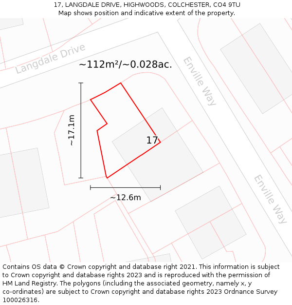 17, LANGDALE DRIVE, HIGHWOODS, COLCHESTER, CO4 9TU: Plot and title map