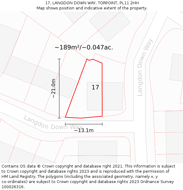 17, LANGDON DOWN WAY, TORPOINT, PL11 2HH: Plot and title map
