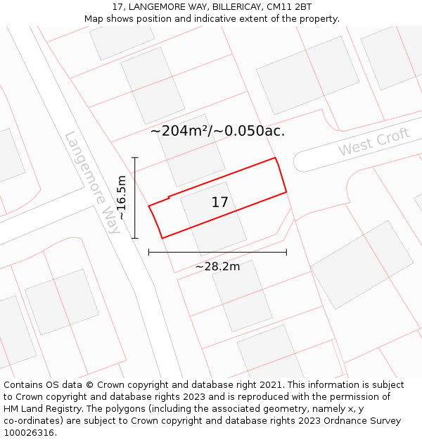 17, LANGEMORE WAY, BILLERICAY, CM11 2BT: Plot and title map