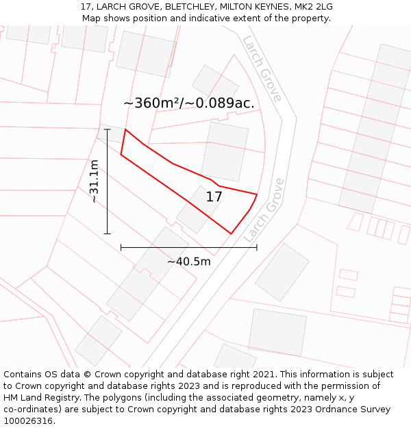 17, LARCH GROVE, BLETCHLEY, MILTON KEYNES, MK2 2LG: Plot and title map