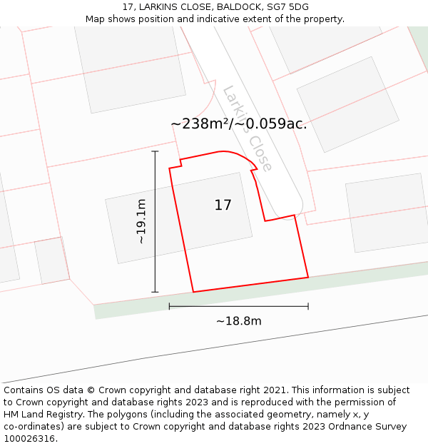 17, LARKINS CLOSE, BALDOCK, SG7 5DG: Plot and title map
