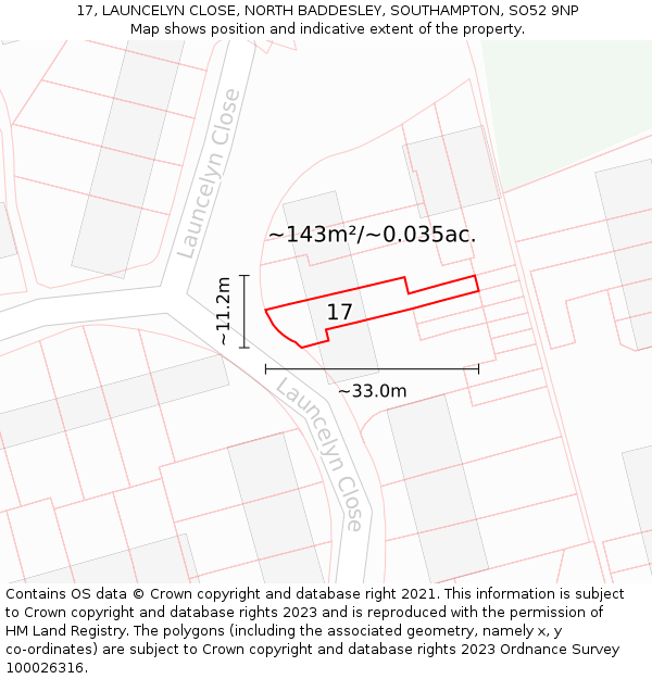 17, LAUNCELYN CLOSE, NORTH BADDESLEY, SOUTHAMPTON, SO52 9NP: Plot and title map