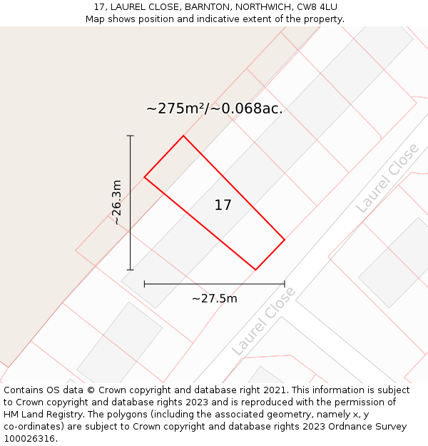 17, LAUREL CLOSE, BARNTON, NORTHWICH, CW8 4LU: Plot and title map