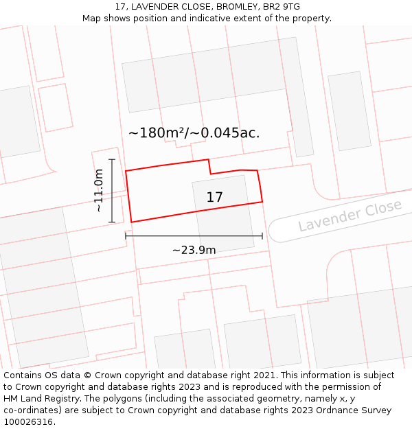 17, LAVENDER CLOSE, BROMLEY, BR2 9TG: Plot and title map